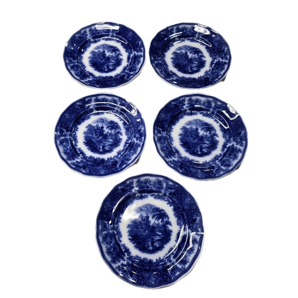 Antique Set 5 Flow Blue Nonpareil 8 5/8" Plates England Burgess Leigh Excellent